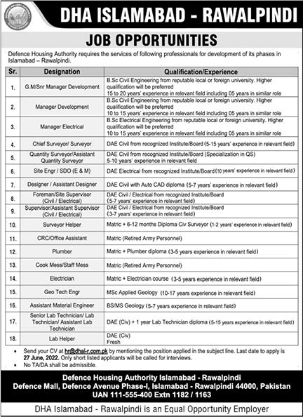 DHA Islamabad / Rawalpindi Jobs 2022 June Defence Housing Authority Assistants, Surveyors & Others Latest