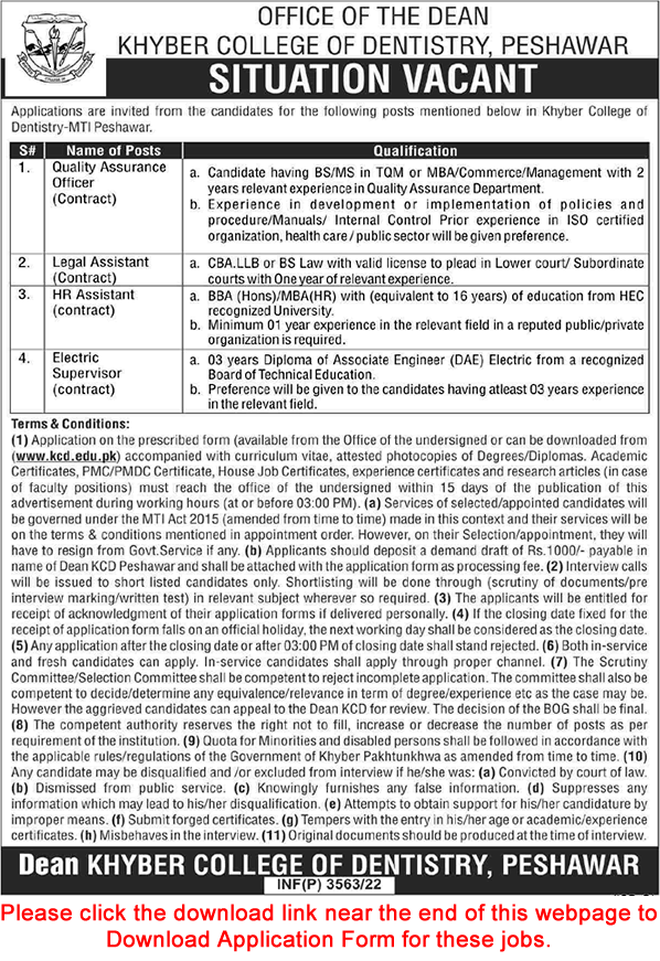 Khyber College of Dentistry Peshawar Jobs 2022 June Application Form HR Assistant & Others Latest