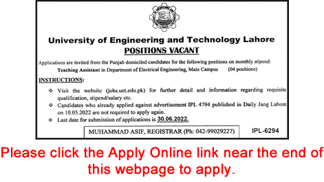 Teaching Assistant Jobs in UET Lahore 2022 June Apply Online University of Engineering and Technology Latest