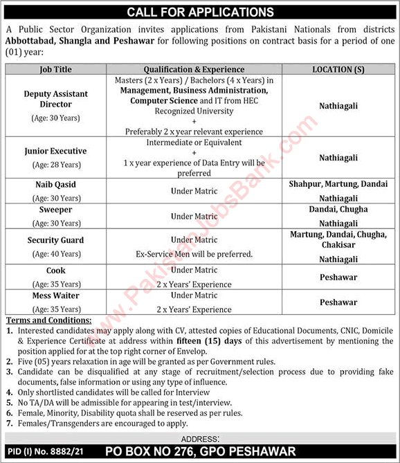 PO Box 276 GPO Peshawar Jobs 2022 June Junior Executives, Naib Qasid & Others Latest