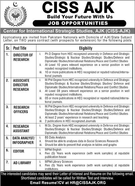 Center for International Strategic Studies AJK Jobs 2022 June Research Officers / Assistants & Others CISS Latest
