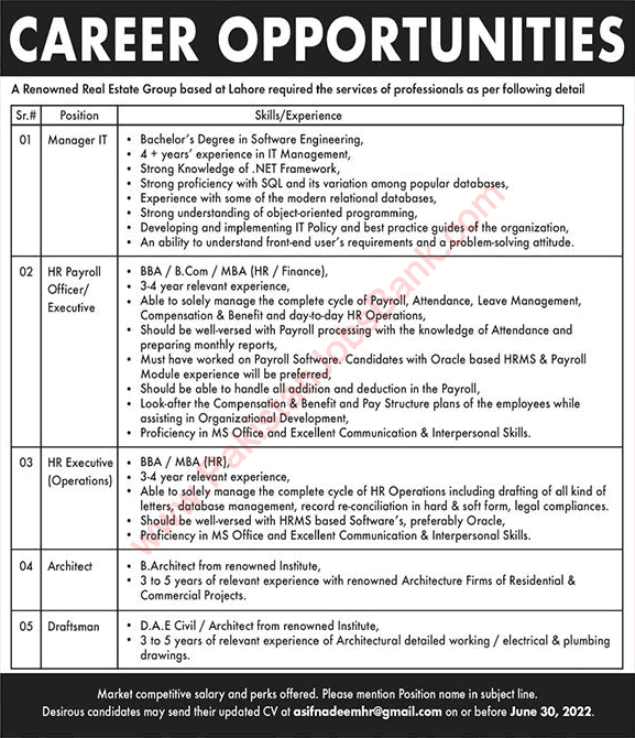 Research Estate Group Lahore Jobs 2022 June HR Executive, Architect & Others Latest