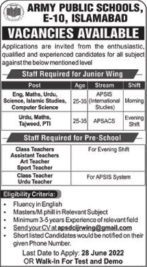 Army Public Schools E-10 Islamabad Jobs June 2022 Teachers APS Latest