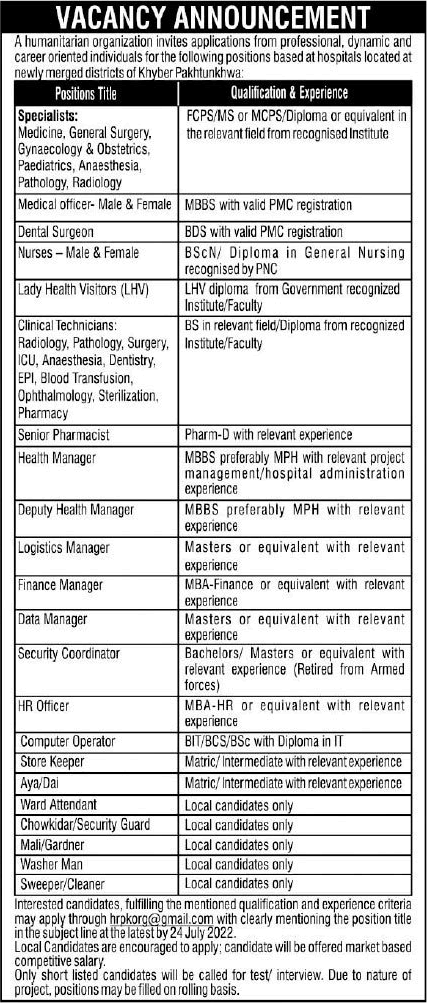 NGO Jobs in KPK June 2022 Medical Officers, Technicians, Nurses & Others Latest