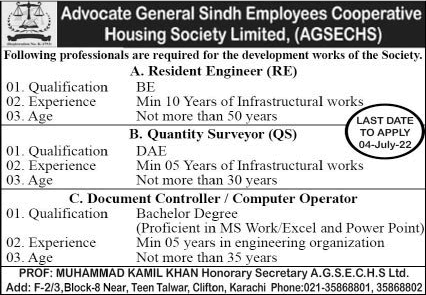 Advocate General Sindh Employees Cooperative Housing Society Karachi Jobs 2022 June AGSECHS Latest