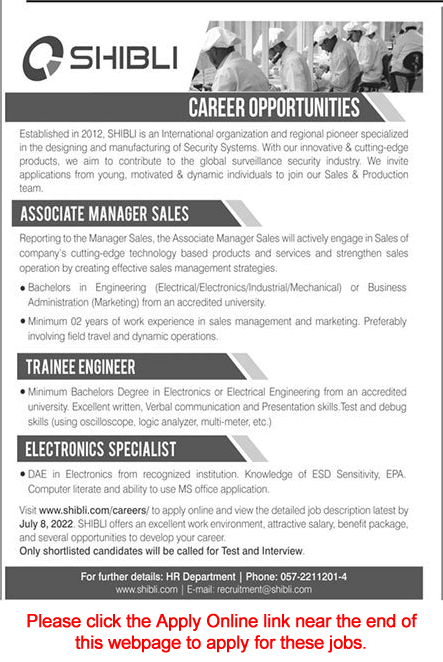 Shibli Electronics Islamabad Jobs 2022 June Apply Online Trainee Engineers & Others Latest