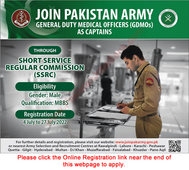 Join Pakistan Army as Captain / GDMO July 2022 through Short Service Regular Commission Online Registration Latest