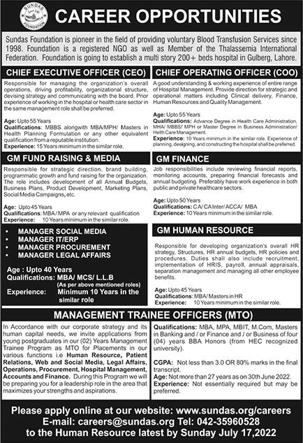 Sundas Foundation Lahore Jobs 2022 July Management Trainee Officers & Others Latest