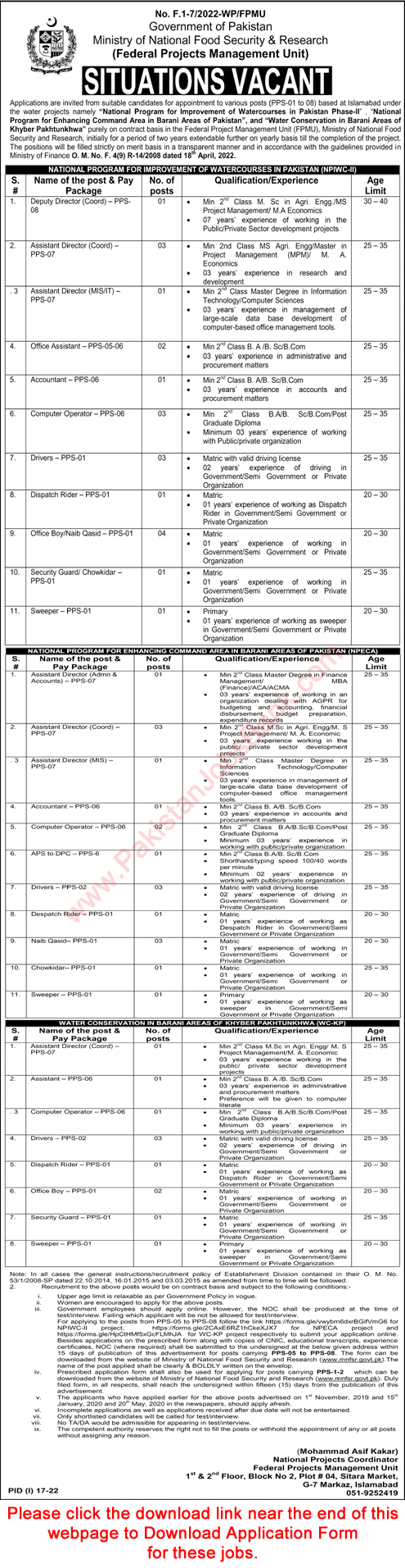 Ministry of National Food Security and Research Jobs July 2022 MNFSR Application Form Assistant Directors & Others Latest