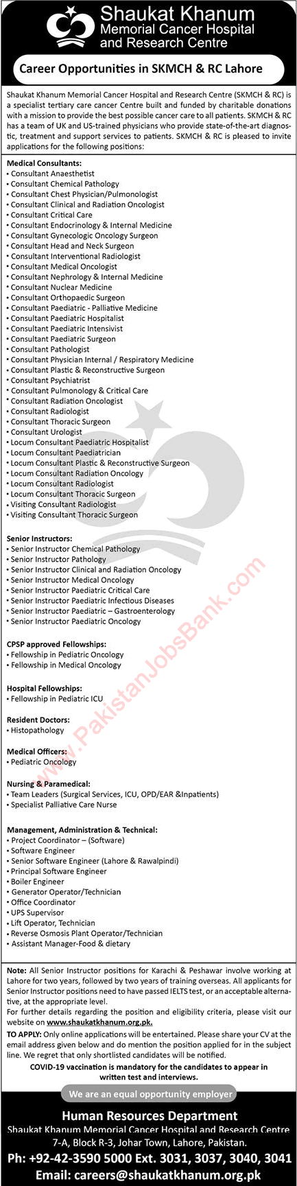 Shaukat Khanum Hospital Lahore Jobs July 2022 SKMCH Consultants & Others Latest