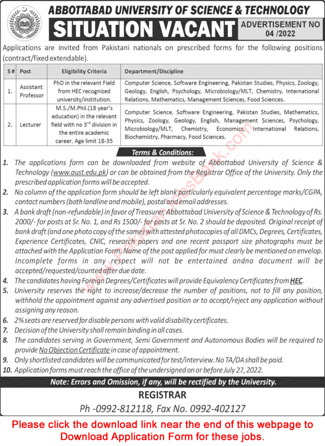Teaching Faculty Jobs in Abbottabad University of Science and Technology July 2022 Application Form Latest
