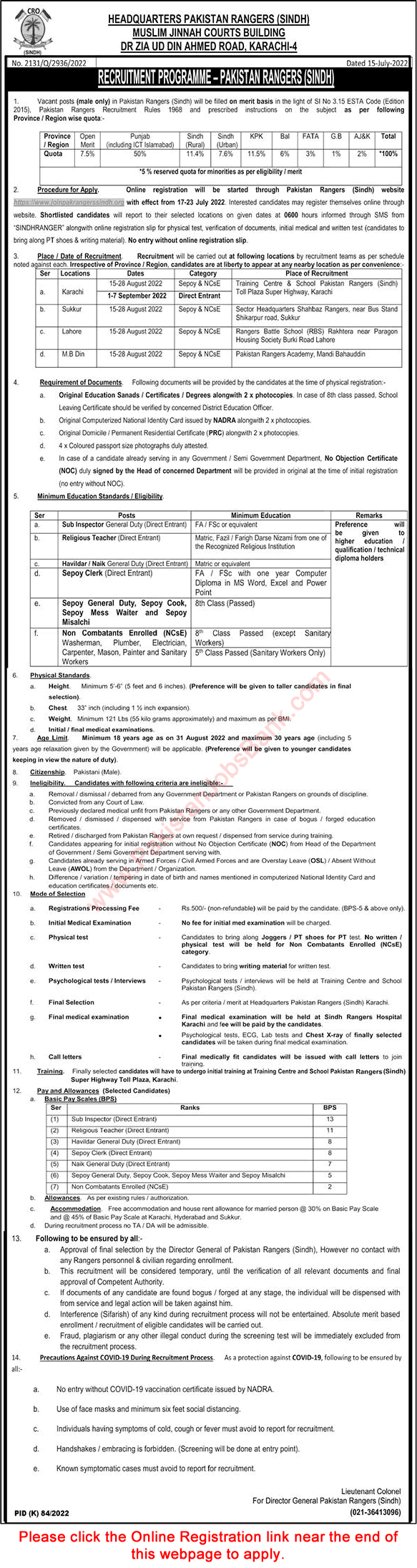 Pakistan Rangers Sindh Jobs July 2022 Online Registration Sipahi, Sub Inspectors & Others Latest