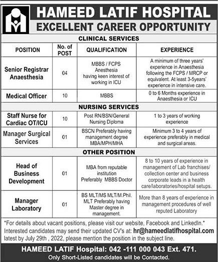 Hameed Latif Hospital Lahore Jobs July 2022 Staff Nurses, Medical Officers & Others Latest