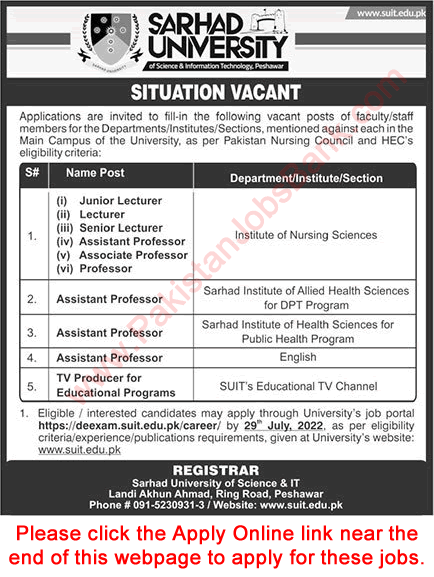 Sarhad University Peshawar Jobs July 2022 Apply Online Teaching Faculty & TV Producer Latest