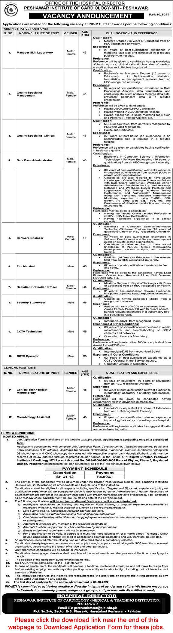 Peshawar Institute of Cardiology Jobs July 2022 PIC MTI Application Form Latest