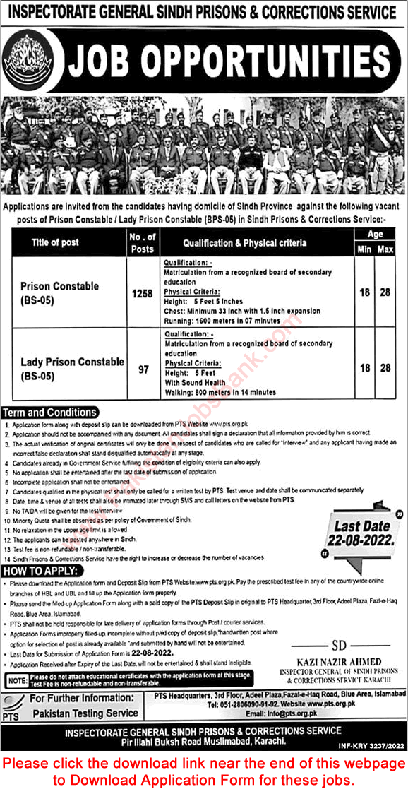 Prison Constable Jobs in Inspectorate General Sindh Prisons and Corrections Service 2022 July / August PTS Application Form Latest