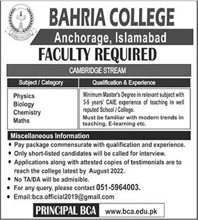 Bahria College Islamabad Jobs August 2022 Teaching Faculty Latest