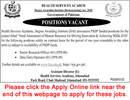 Health Services Academy Islamabad Jobs August 2022 Apply Online Research Officer & Data Entry Operator Latest