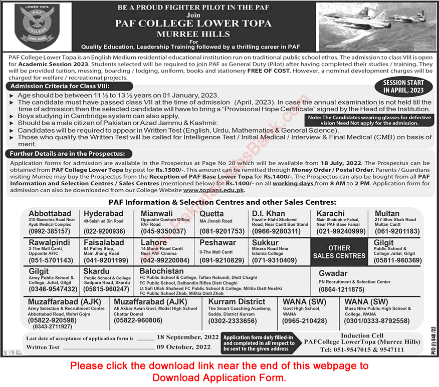 PAF College Lower Topa Murree Admission 8th Class 2022-2023 Join to be a GD Pilot in Pakistan Air Force Latest