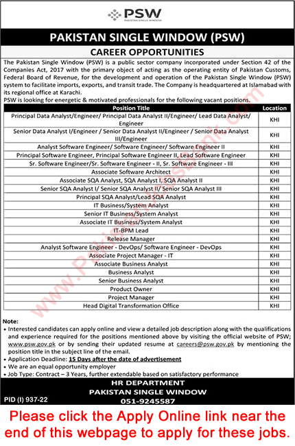 Pakistan Single Window Karachi Jobs August 2022 PSW Apply Online Analysts, Software Engineers & Others Latest