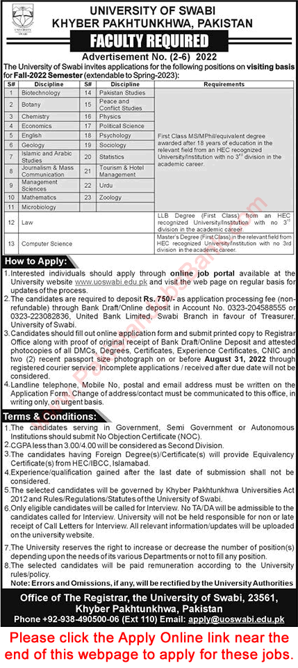 Visiting Faculty Jobs in University of Swabi August 2022 Apply Online Latest