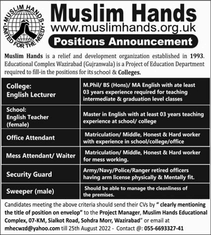 Muslim Hands Gujranwala Jobs 2022 August Lecturer / Teachers & Others Education Complex Wazirabad Latest