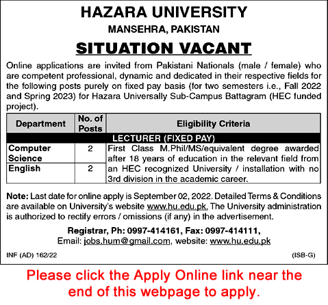 Lecturer Jobs in Hazara University Battagram Campus August 2022 Apply Online Latest