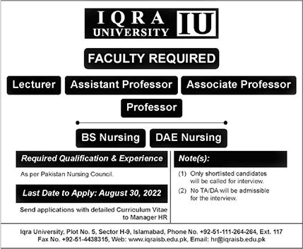 Iqra University Islamabad Jobs August 2022 Teaching Faculty Latest