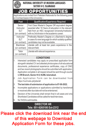 NUML University Islamabad Jobs August 2022 Application Form Instructors & Others Latest