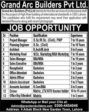 Grand Arc Builders Pvt Ltd Lahore Jobs 2022 August Civil Engineers & Others Latest