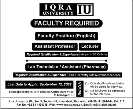 Iqra University Islamabad Jobs September 2022 Teaching Faculty & Lab Technician Latest