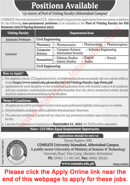 Teaching / Visiting Faculty Jobs in COMSATS University September 2022 CUI Abbottabad Campus Online Apply Latest
