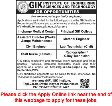 GIK Institute of Engineering Science and Technology Swabi Jobs September 2022 Apply Online Latest