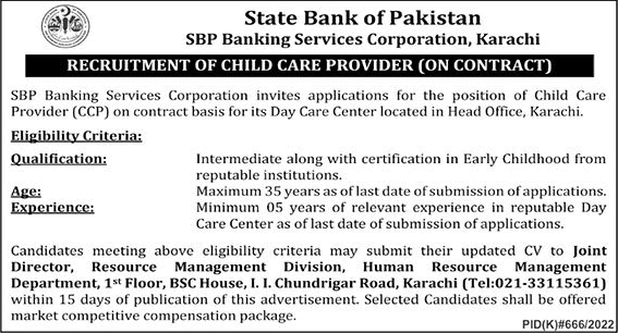 Child Care Provider Jobs in State Bank of Pakistan 2022 September SBP Latest