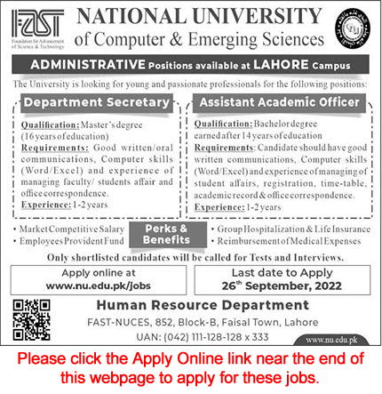 FAST National University Lahore Jobs September 2022 Apply Online Department Secretary & Assistant Academic Officer Latest