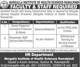 Margalla Institute of Health Sciences Rawalpindi Jobs 2022 September Teaching Faculty & Paramedic Staff Latest