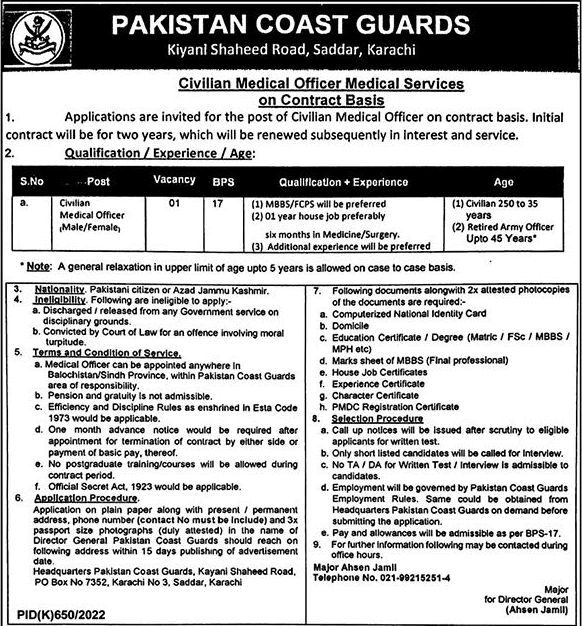 Civilian Medical Officer Jobs in Pakistan Coast Guards September 2022 CMO Latest
