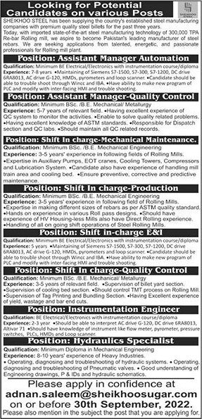 Sheikhoo Steel Muzaffargarh Jobs 2022 September Shift Incharge, Assistant Managers & Others Latest