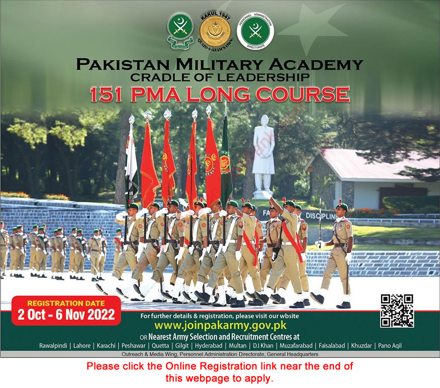 Join Pakistan Army as Commissioned Officer October 2022 through 151 PMA Long Course Online Registration Latest
