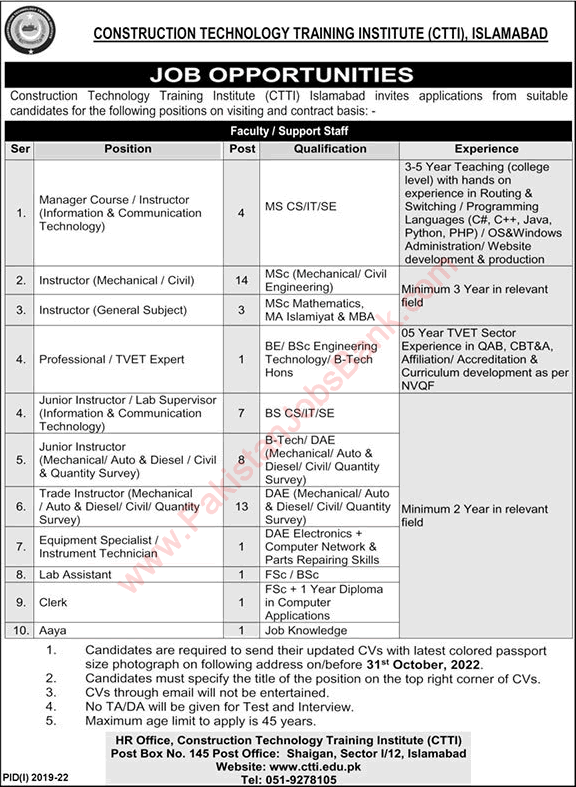 Construction Technology Training Institute Islamabad Jobs October 2022 Instructors & Others CTTI Latest