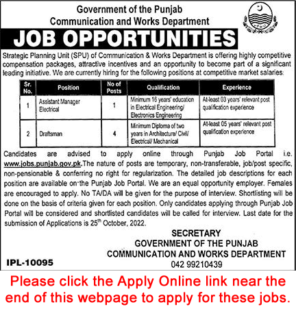Communication and Works Department Punjab Jobs October 2022 Apply Online Assistant Manager & Draftsman Latest