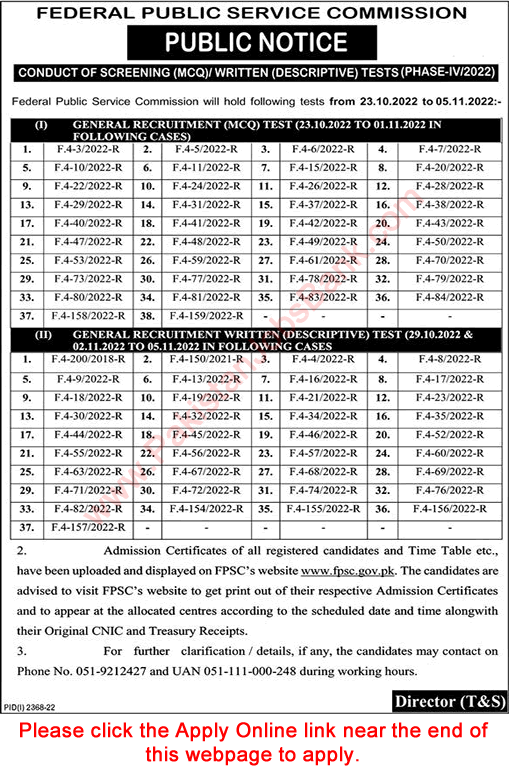 FPSC Written Test Schedule October 2022 Roll Number Slip & Syllabus Download Latest