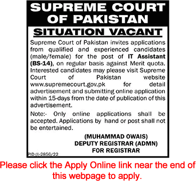 IT Assistant Jobs in Supreme Court of Pakistan November 2022 Apply Online SCP Latest