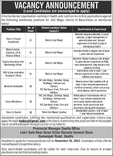 NGO Jobs in Balochistan November 2022 Jhal Magsi Nutrition Assistants, Social Mobilizers & Others Latest
