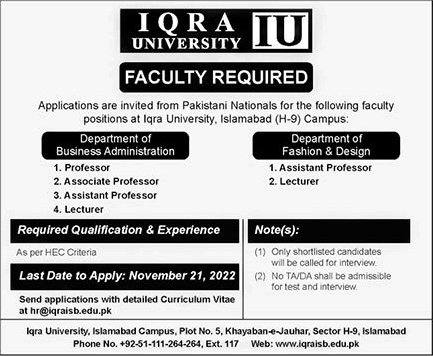 Iqra University Islamabad Jobs November 2022 Teaching Faculty Latest