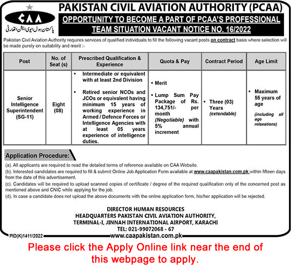 Intelligence Superintendent Jobs in Pakistan Civil Aviation Authority 2022 November Apply Online PCAA Latest