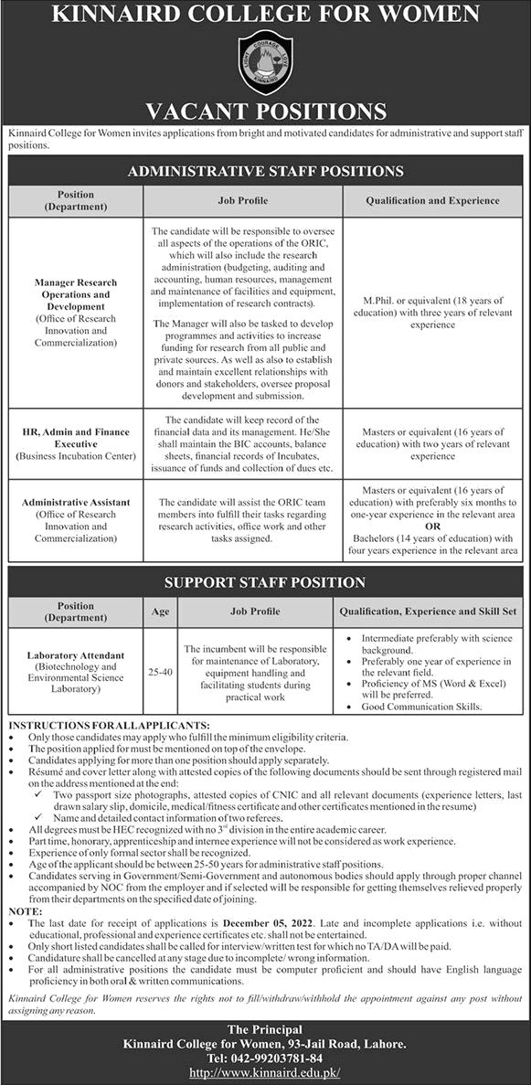 Kinnaird College for Women Lahore Jobs November 2022 Admin Assistant, Lab Attendant & Others Latest
