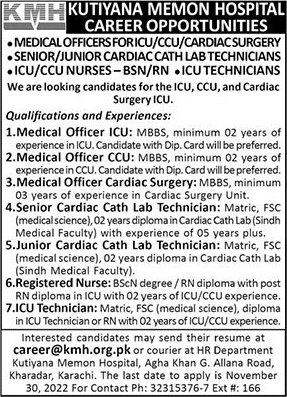 Kutiyana Memon Hospital Karachi Jobs 2022 November Medical Officers, Nurses & Others Latest