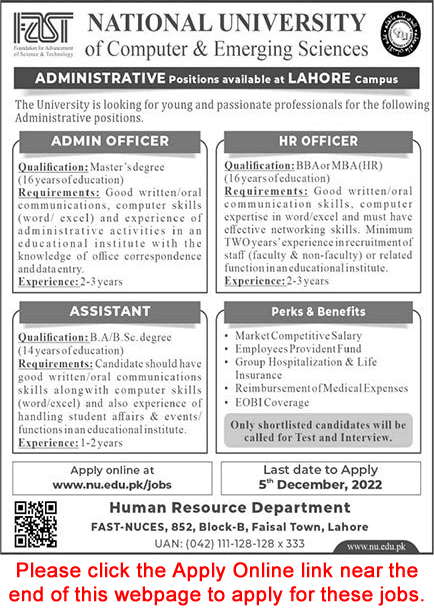 FAST National University Lahore Jobs November 2022 December Apply Online Admin / HR Officers & Assistant Latest