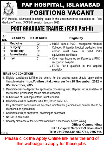 PAF Hospital Islamabad FCPS Postgraduate Training November 2022 December Apply Online Latest